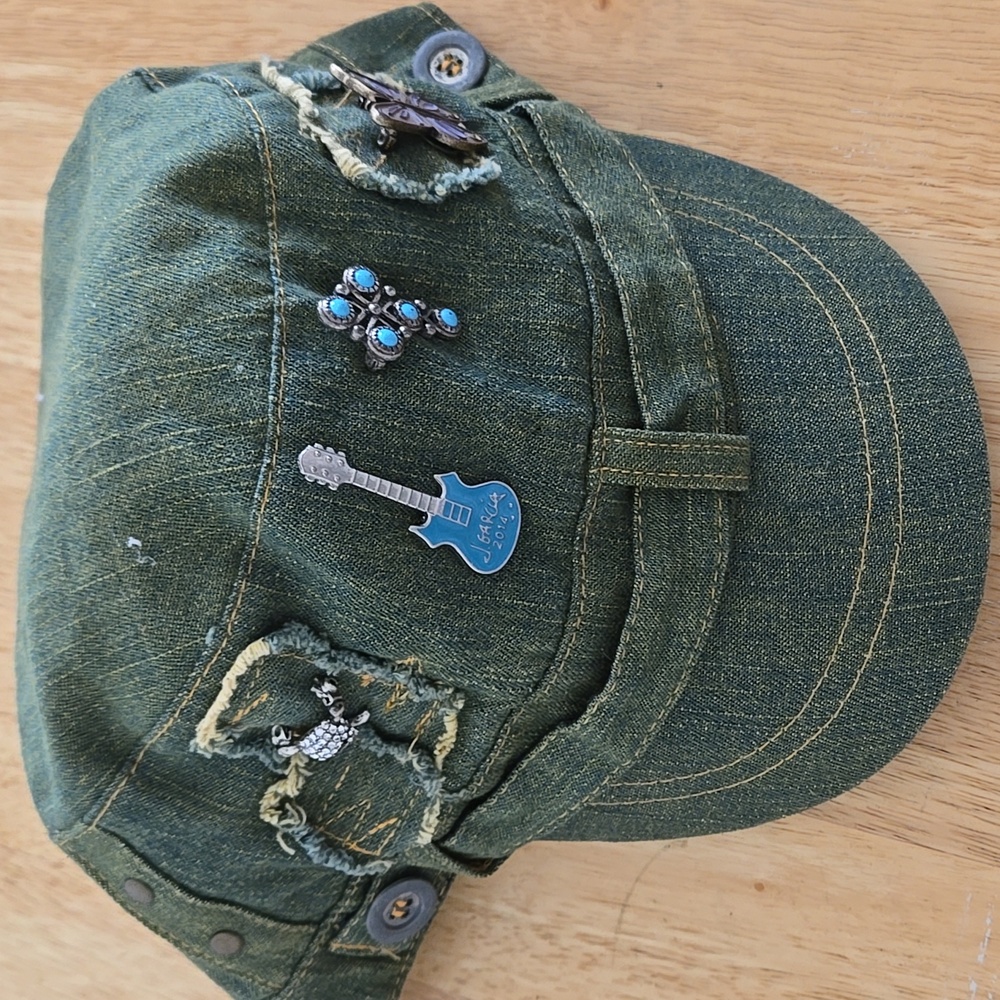 Lucky Brand "Love And Peace" Green Denim Cap with Lucky Pins